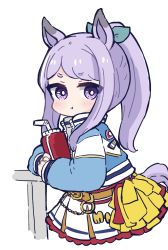 Rule 34 | 1girl, :t, animal ears, bendy straw, blue jacket, blush, chibi, closed mouth, commentary request, cosplay, drinking straw, from side, green ribbon, hair ribbon, high ponytail, highres, horse ears, horse girl, horse tail, jacket, long sleeves, looking at viewer, looking to the side, mejiro mcqueen (umamusume), nice nature (run&amp;win) (umamusume), nice nature (umamusume), nice nature (umamusume) (cosplay), nozo (hitomiz), open clothes, open jacket, parted bangs, pleated skirt, pom pom (cheerleading), ponytail, pout, purple eyes, purple hair, ribbon, short eyebrows, simple background, skirt, solo, table, tail, thick eyebrows, umamusume, white background, white skirt