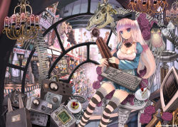 Rule 34 | 1girl, artist name, blue eyes, bone, bow, breasts, cake, cleavage, dress, female focus, flying, food, hair bow, hair ribbon, hand fan, john hathway, keyboard, keyboard (computer), long hair, looking at viewer, monitor, original, oscilloscope, ribbon, silver hair, sitting, smile, solo, solo focus, striped clothes, striped thighhighs, tesla coil, thighhighs, vacuum tube, watermark, zettai ryouiki
