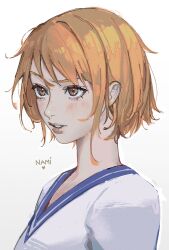 Rule 34 | 1girl, absurdres, character name, commentary, english commentary, eyelashes, highres, lyrah, nami (one piece), one piece, orange eyes, orange hair, parted lips, raised eyebrow, shirt, short hair, simple background, solo, teeth, upper body, white background, white shirt