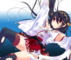 Rule 34 | 10s, 1girl, arm up, bad id, bad pixiv id, bare shoulders, black hair, detached sleeves, frilled skirt, frills, hairband, haruna (kancolle), haruta (806060), highres, kantai collection, lace, lace-trimmed legwear, lace trim, long hair, nontraditional miko, pleated skirt, red eyes, red skirt, sinking, skirt, solo, submerged, tears, thighhighs, torn clothes, torn skirt, torn sleeves, torn thighhighs, underwater