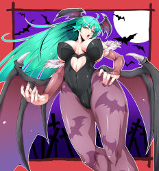 Rule 34 | 1girl, animal print, bare shoulders, bat (animal), bat print, bat wings, black leotard, breasts, bridal gauntlets, cleavage, clothing cutout, commentary request, covered erect nipples, covered navel, demon girl, from below, full moon, green hair, hand on own hip, head wings, heart cutout, highres, large breasts, leotard, long hair, moon, morrigan aensland, nail polish, night, open mouth, pantyhose, print pantyhose, purple nails, purple pantyhose, purple wings, retorou, simple background, solo, standing, teeth, upper teeth only, vampire (game), wings, yellow eyes