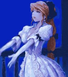 Rule 34 | 1990s (style), 1girl, animated, animated gif, blonde hair, breasts, celes chere, cleavage, dress, final fantasy, final fantasy vi, long hair, lowres, music, ponytail, singing, solo, very long hair