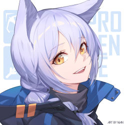 Rule 34 | 1girl, :d, animal ears, arknights, artist name, braid, character name, chinese commentary, commentary request, fangs, hair between eyes, jacket, light purple hair, long hair, looking at viewer, nian (zhanian), open mouth, portrait, provence (arknights), single braid, smile, solo, white background, wolf ears, yellow eyes