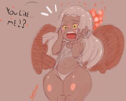 Rule 34 | !?, 1girl, angel wings, bare arms, bare legs, bare shoulders, black wings, blush, brown background, castinly, clothes lift, cowboy shot, curvy, dark-skinned female, dark skin, dress, dress lift, embarrassed, english text, female focus, fire, flat chest, groin, heart, highres, legs together, midriff, navel, nose blush, notice lines, one piece, panties, petite, plump, s-snake, seraphim (one piece), simple background, sleeveless, sleeveless dress, solo, standing, star-shaped pupils, star (symbol), surprised, symbol-shaped pupils, thick thighs, thighs, thong, underwear, white dress, white hair, white panties, wings, yellow eyes