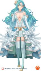 Rule 34 | 1girl, alternate costume, aqua dress, aqua thighhighs, bare shoulders, bow, braid, breasts, chloe (fire emblem), cleavage, commentary, crazzeffect, detached collar, dress, elbow gloves, fire emblem, fire emblem engage, flower, full body, garter straps, gloves, hair bow, hair flower, hair ornament, high heels, highres, large breasts, nintendo, orange bow, rose, simple background, solo, standing, thighhighs, thighs, white background, white flower, white gloves, white rose