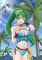 Rule 34 | 4girls, bikini, blue hair, blue sky, breasts, cleavage, cloud, day, desspie, earrings, fire emblem, fire emblem: radiant dawn, fire emblem: the blazing blade, fire emblem awakening, fire emblem heroes, green eyes, green hair, highres, jewelry, lilith (fire emblem), long hair, lucina (fire emblem), lyn (fire emblem), lyn (summer) (fire emblem), marth (fire emblem awakening), mask, mia (fire emblem), multiple girls, nintendo, one eye closed, open mouth, outdoors, palm tree, ponytail, robin (female) (fire emblem), robin (fire emblem), short hair, sky, solo focus, swimsuit, tree, twintails, v, white hair