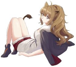 Rule 34 | 1girl, ahoge, animal ears, arknights, black footwear, black jacket, breasts, brown eyes, brown hair, chinese commentary, cleavage, commentary request, fur-trimmed jacket, fur-trimmed shorts, fur trim, hair between eyes, highres, jacket, jacket on shoulders, knees up, kurukubouru, large breasts, lion ears, lion tail, long hair, long sleeves, looking at viewer, mouth hold, reclining, red shorts, shirt, shoes, short shorts, shorts, sidelocks, siege (arknights), solo, t-shirt, tail, thighs, white shirt