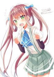 Rule 34 | 1girl, asagumo (kancolle), blue neckwear, blush, bow, brown hair, green eyes, green skirt, hair ornament, hair ribbon, highres, hizaka, kantai collection, long hair, looking at viewer, one-hour drawing challenge, open mouth, paw pose, pleated skirt, ribbon, school uniform, shirt, short hair, simple background, skirt, solo, suspender skirt, suspenders, twintails, twitter username, white background, white shirt