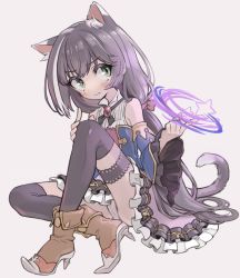 Rule 34 | 1girl, animal ear fluff, animal ears, armlet, black thighhighs, blush, boots, bridal garter, cat ears, cat tail, detached sleeves, frilled skirt, frills, green eyes, grey background, high heel boots, high heels, jewelry, karyl (princess connect!), long hair, low twintails, monaka ooji, multicolored hair, princess connect!, simple background, sitting, skirt, solo, star (symbol), streaked hair, tail, thighhighs, twintails, wavy mouth, wide sleeves