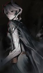 Rule 34 | 1girl, absurdres, belt, black background, black cape, black eyes, black hair, black jacket, cape, collared jacket, colored skin, cowboy shot, expressionless, from behind, grey skin, hair between eyes, highres, jacket, lereveducoucou, looking at viewer, looking back, made in abyss, multicolored hair, mutation, ozen, pouch, short hair, smoke, solo, standing, torn cape, torn clothes, two-tone hair, white hair