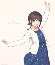 Rule 34 | 1girl, anchor symbol, beige background, black hair, blue dress, character name, dress, fubuki (kancolle), green eyes, highres, hood, hooded jacket, hoodie, jacket, kantai collection, long hair, looking at viewer, low ponytail, nakaaki masashi, official alternate costume, outstretched arms, polka dot, polka dot dress, ponytail, short ponytail, sidelocks, simple background, smile, solo, white jacket