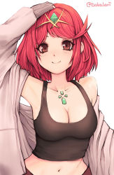 Rule 34 | 1girl, akalari, alternate costume, breasts, chest jewel, cleavage, earrings, highres, jewelry, large breasts, navel, pyra (xenoblade), red eyes, red hair, short hair, simple background, solo, sweater, swept bangs, tiara, white background, xenoblade chronicles (series), xenoblade chronicles 2