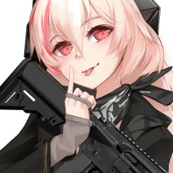 Rule 34 | 1girl, assault rifle, bandana, finger to tongue, girls&#039; frontline, gun, hair between eyes, m4 sopmod ii, m4 sopmod ii (girls&#039; frontline), pink hair, red eyes, rifle, saliva, saliva trail, short hair, sleeves past wrists, solo, tongue, tongue out, upper body, vectorek, weapon, white background