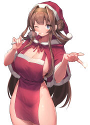 Rule 34 | 1girl, alternate costume, apron, blue eyes, bottomless, breasts, brown eyes, capelet, cleavage, cowboy shot, cream, double bun, hair bun, hairband, highres, kantai collection, kongou (kancolle), large breasts, long hair, looking at viewer, naked apron, one eye closed, santa costume, sideboob, siesta (artist), simple background, smile, solo, teeth, tongue, tongue out, white background