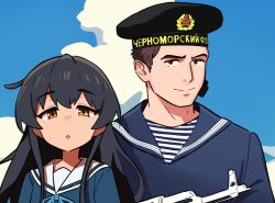 1boy 1girl akm assault_rifle black_hair black_hat blue_sailor_collar brown_eyes brown_hair closed_mouth clothes_writing cloud day gun hammer_and_sickle hat highres kalashnikov_rifle long_hair looking_at_viewer original osa_(osavocaloid) outdoors parted_lips rifle sailor sailor_collar sky upper_body weapon white_sailor_collar