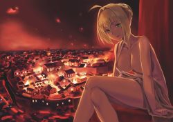 Rule 34 | 10s, 1girl, ahoge, ancient greek clothes, architecture, arm support, bad id, bad pixiv id, blonde hair, breasts, burning, chiton, cityscape, collarbone, crossed legs, fate/extra, fate (series), fire, green eyes, hair intakes, kuro (zhurunbo1997), large breasts, looking at viewer, nero claudius (fate), nero claudius (fate) (all), nero claudius (fate/extra), parted lips, scenery, short hair, sitting, smile, solo