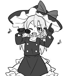 Rule 34 | 1girl, blush, bow, braid, bseibutsu, buttons, coat, cookie (touhou), cowboy shot, fang, flat chest, gloves, greyscale, hair bow, hat, hat bow, kirisame marisa, long hair, long sleeves, looking at viewer, medium bangs, monochrome, musical note, one eye closed, open mouth, rei (cookie), side braid, simple background, single braid, skirt, smile, solo, touhou, turtleneck, witch hat