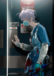 Rule 34 | 1boy, absurdres, apron, blood, blood on clothes, clippers, door, gloves, grey eyes, highres, holding, kaninn, long sleeves, looking at viewer, male focus, mask, medical scrubs, mouth mask, original, profile, sign, single glove, solo, surgical mask, twitter username, white hair