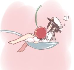 Rule 34 | !, 1girl, black hair, blush, cherry, cream, female admiral (kancolle), flying sweatdrops, folded ponytail, food, fruit, hat, in food, kantai collection, military, military uniform, mini person, minigirl, naval uniform, open mouth, peaked cap, pink background, solo, spoken exclamation mark, spoon, uniform, utopia