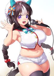 Rule 34 | 1girl, animal ears, beret, black thighhighs, bow, braid, breasts, brown hair, commentary request, cowboy shot, ear covers, hair bow, hat, highres, hokko tarumae (umamusume), holding, holding microphone, horse ears, horse girl, horse tail, idol, large breasts, long braid, long hair, looking at viewer, microphone, multicolored hair, navel, onsoku inu, plump, purple eyes, shorts, solo, star (symbol), streaked hair, tail, thighhighs, twin braids, umamusume, white background, white hat, white shorts