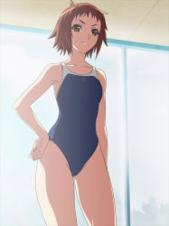 Rule 34 | 1girl, bare shoulders, brown eyes, brown hair, hand on own hip, highres, katsuragi hana, one-piece swimsuit, screencap, seikon no qwaser, short hair, solo, standing, stitched, swimsuit, third-party edit, window