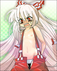 Rule 34 | 1girl, bad id, bad pixiv id, bow, female focus, flat chest, fujiwara no mokou, kovaruto (we no tama), naked suspenders, nipples, panties, red eyes, revealing clothes, solo, striped clothes, striped panties, suspenders, topless, tosakanekyo (pixiv), touhou, underwear, white hair
