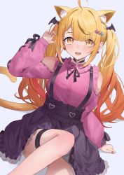 Rule 34 | 1girl, :d, ahoge, animal ear fluff, animal ears, arm support, blonde hair, blunt bangs, blush, cat ears, cat tail, earrings, extra ears, frilled skirt, frills, heart, heart earrings, high-waist skirt, highres, hololive, jewelry, jirai kei, jmao, long hair, long sleeves, looking at viewer, nail polish, open mouth, pink nails, pink sweater, simple background, sitting, skirt, smile, solo, suspender skirt, suspenders, sweater, tail, thigh strap, twintails, very long hair, virtual youtuber, yellow eyes, yozora mel, yozora mel (jirai kei)