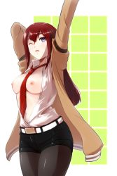 Rule 34 | 1girl, arm behind head, arms behind head, arms up, belt, between breasts, breasts, breasts out, hair between eyes, jacket, pantyhose under shorts, long hair, makise kurisu, navel, necktie, nipples, no bra, one eye closed, open clothes, open shirt, pantyhose, purple eyes, reco (fortunequest), red hair, red necktie, shirt, short shorts, shorts, solo, steins;gate, white belt, wink