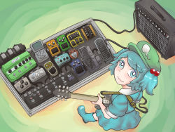 Rule 34 | 1girl, amplifier, blue eyes, blue hair, effects pedal, electric guitar, guitar, hair bobbles, hair ornament, hat, holding guitar, holding instrument, instrument, kawashiro nitori, looking at viewer, looking up, matching hair/eyes, solo, touhou, twintails, two side up, yume giwa