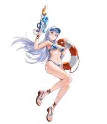Rule 34 | 1girl, armpits, bare arms, bare legs, bare shoulders, bikini, blue bikini, blue choker, bracelet, breasts, brown eyes, choker, cleavage, closed mouth, floating hair, floral print, full body, glenwys (king&#039;s raid), hands up, highres, holding, jewelry, king&#039;s raid, lifebuoy, long hair, looking at viewer, medium breasts, navel, official art, sandals, silver hair, solo, stomach, swim ring, swimsuit, thighs, toes, transparent background, very long hair, visor cap, water gun, whistle, whistle around neck