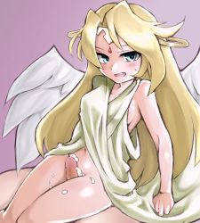Rule 34 | 1boy, 1girl, angel, angel wings, blonde hair, blue eyes, blush, bottomless, breasts, censored, cleavage, cum, cum on body, cum on lower body, girl on top, hashimoto (soukidann2010), hetero, ilias, long hair, mon-musu quest!, mosaic censoring, navel, open mouth, penis, tagme, thigh sex, tiara, wings
