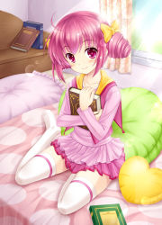 Rule 34 | 10s, 1girl, ahoge, amane (funfun), bed, blush, book, bow, curtains, hair bow, heart, heart-shaped pillow, hoshizora miyuki, light rays, looking at viewer, pillow, pink eyes, pink hair, precure, short hair, sitting, skirt, smile, smile precure!, solo, sunbeam, sunlight, thighhighs, wariza, white thighhighs, window