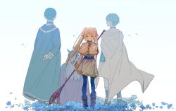 Rule 34 | 1girl, 3boys, absurdres, ankle boots, arm at side, arm behind back, back-to-back, belt, blue flower, blue hair, blue pantyhose, blue theme, boots, brown footwear, cape, capelet, cloak, earrings, eisen (sousou no frieren), elf, facing away, fading, field, floating clothes, floating hair, flower, flower field, frieren, heiter, highres, himmel (sousou no frieren), holding, holding staff, jewelry, kurattes, long hair, long sleeves, looking at another, looking at viewer, looking back, looking down, miniskirt, multiple boys, pants, pantyhose, parted bangs, petals, pointy ears, red cape, robe, sad, shirt, shoes, short hair, simple background, skirt, solo focus, sousou no frieren, staff, standing, striped clothes, striped shirt, twintails, white background, white capelet, white cloak, white hair, white skirt, wind