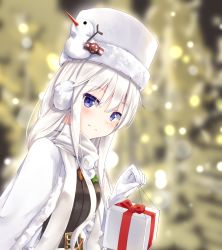 Rule 34 | 1girl, azur lane, bad id, bad pixiv id, belt, blurry, blurry background, box, cape, closed mouth, commentary request, depth of field, earmuffs, enterprise (azur lane), enterprise (reindeer master) (azur lane), eyes visible through hair, fur-trimmed cape, fur-trimmed headwear, fur trim, gift, gift box, gloves, hair between eyes, hat, holding, long hair, long sleeves, looking at viewer, official alternate costume, purple eyes, scarf, sidelocks, smile, solo, tamariyazuna, upper body, white cape, white gloves, white hair, white hat, white scarf, winter clothes
