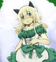 Rule 34 | 1girl, alternate costume, animal ears, apron, bare shoulders, blonde hair, blue eyes, blush, bow, cat ears, collarbone, dirndl, dress, german clothes, gradient background, helma lennartz, highres, izuoku, long hair, open mouth, short sleeves, solo, strike witches, strike witches: suomus misfits squadron, traditional clothes, world witches series