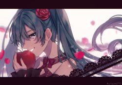 Rule 34 | 1girl, apple, aqua eyes, aqua hair, aqua nails, aryuma772, backlighting, bare shoulders, black sleeves, bloom, blurry, depth of field, food, from side, fruit, half-closed eyes, hatsune miku, holding, holding food, holding fruit, imminent bite, lace, lace ribbon, letterboxed, looking at viewer, looking to the side, nail polish, petals, profile, red apple, romeo to cinderella (vocaloid), smile, solo, sparkle, twintails, twitter username, vintage dress (module), vocaloid, wide sleeves