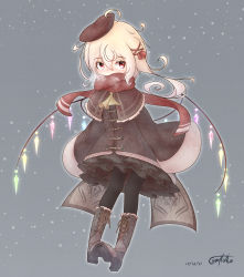 Rule 34 | 1girl, absurdres, alternate costume, artist name, ascot, black pantyhose, blonde hair, boots, brown footwear, capelet, coat, commentary request, coreytaiyo, covered mouth, cross-laced footwear, dated, flandre scarlet, grey background, hair between eyes, hair ribbon, hat, highres, long hair, looking at viewer, pantyhose, red eyes, red ribbon, red scarf, ribbon, scarf, snowing, solo, touhou, wings, winter clothes, winter coat, yellow ascot