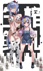 Rule 34 | 2girls, :d, ^ ^, absurdres, animal print, apron, bare arms, bare legs, bare shoulders, bell, bikini, black footwear, black gloves, blue apron, blue hair, bottle, breasts, breasts apart, chinese commentary, cleavage, closed eyes, collar, collarbone, commentary request, cow print, cow print bikini, cowbell, denim apron, dress, feipin zhanshi, full body, ganyu (genshin impact), genshin impact, gloves, hand on own hip, height difference, highres, horns, jingle bell, large breasts, leash, milk, milk bottle, multiple girls, navel, nervous smile, off-shoulder dress, off shoulder, ofuda, open mouth, own hands together, pink dress, print bikini, print legwear, purple eyes, purple hair, purple headwear, qiqi (genshin impact), short dress, short hair, short sleeves, small breasts, smile, standing, stomach, swimsuit, thighhighs, underboob, v-shaped eyebrows, v arms, wrist cuffs