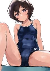 Rule 34 | 1girl, absurdres, arena (company), black hair, blue one-piece swimsuit, breasts, covered navel, feet out of frame, head tilt, highres, labotamochi, logo, looking at viewer, one-piece swimsuit, original, red eyes, short hair, simple background, small breasts, solo, spread legs, swimsuit, white background