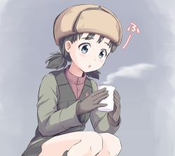 Rule 34 | 1girl, black footwear, black gloves, black skirt, black vest, blowing, blue eyes, blush stickers, boots, brown hair, brown hat, commentary, cup, disposable cup, emblem, fur hat, girls und panzer, gloves, green jacket, hat, holding, holding cup, jacket, katakori sugita, long sleeves, military, military uniform, miniskirt, nina (girls und panzer), open mouth, pleated skirt, pravda military uniform, red shirt, shirt, short hair, short twintails, skirt, solo, squatting, steam, translated, turtleneck, twintails, uniform, ushanka, vest