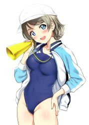 Rule 34 | 1girl, :d, absurdres, blue eyes, blue one-piece swimsuit, blush, breasts, collarbone, fingernails, from side, grey hair, hair between eyes, hand on own hip, hat, head tilt, highres, holding, jacket, long fingernails, looking at viewer, love live!, love live! sunshine!!, medium breasts, one-piece swimsuit, open clothes, open jacket, open mouth, sankuro (agoitei), scan, school swimsuit, shiny clothes, shiny skin, short hair, simple background, smile, solo, swept bangs, swimsuit, swimsuit under clothes, thighs, watanabe you, white background, white hat