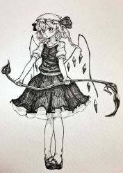 Rule 34 | 1girl, bow, flandre scarlet, full body, greyscale, hat, hat bow, highres, laevatein, long hair, looking at viewer, mary janes, mashimashi, mob cap, monochrome, no socks, parted lips, shoes, short sleeves, side ponytail, skirt, skirt set, solo, standing, touhou, traditional media