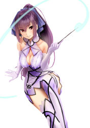 Rule 34 | 1girl, aiueonesan (umanaminoatama), boots, breasts, cleavage, cleavage cutout, clothing cutout, dress, elbow gloves, fate/grand order, fate (series), gloves, hair between eyes, jewelry, large breasts, long hair, looking at viewer, ponytail, purple dress, purple hair, red eyes, scathach (fate), scathach skadi (fate), scathach skadi (third ascension) (fate), smile, solo, thigh boots, thighhighs, tiara, wand, white background