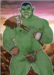 Rule 34 | 1boy, abs, armor, bara, beard stubble, butlerstormaxe, colored skin, cowboy shot, cross-laced underwear, facial hair, flaccid, green skin, hairy, large pectorals, loincloth, looking at viewer, male focus, mature male, monster boy, muscular, muscular male, navel, navel hair, nipple piercing, nipple rings, nipples, nose piercing, nose ring, orc, original, pauldrons, pectorals, penis, penis peek, piercing, pointy ears, pubic stubble, sanpaku, short hair, shoulder armor, single pauldron, solo, sparse chest hair, sparse navel hair, stomach, strongman waist, stubble, thick arm hair, thick eyebrows, thick leg hair, thick thighs, thighs, topless male, tsurime, tusks, uncensored, veiny crotch