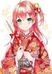 Rule 34 | 1girl, alternate costume, bell, blush, cherry blossom print, closed mouth, floral print, green eyes, hair bell, hair between eyes, hair ornament, hairclip, highres, holding, hololive, long hair, looking at viewer, motsunuki, new year, one side up, pink hair, sakura miko, smile, solo, upper body, virtual youtuber