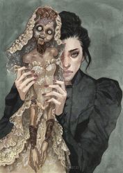 Rule 34 | 1girl, artist request, black dress, black hair, brown eyes, character request, doll, dress, expressionless, hair bun, holding, holding doll, looking at viewer, non-web source, resident evil, resident evil village, solo, source request, tagme, upper body