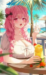 Rule 34 | 1girl, braid, breast rest, breasts, cleavage, commentary, day, double bun, hair bun, hair ribbon, highres, holding, large breasts, long hair, looking at viewer, naru 0, open mouth, original, outdoors, palm tree, pink hair, red eyes, ribbon, shirt, short sleeves, solo, symbol-only commentary, table, tree, tropical drink, twin braids, twintails, white shirt