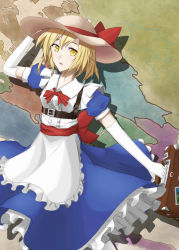 Rule 34 | 1girl, blonde hair, dress, frills, gloves, hat, holding, holding clothes, holding hat, kana anaberal, rosevell, solo, suitcase, touhou, touhou (pc-98), yellow eyes