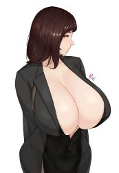 Rule 34 | 1girl, :o, breasts, brown hair, cleavage, highres, huge breasts, jacket, long sleeves, looking to the side, mature female, medium hair, mole, office lady, original, simple background, solo, suit jacket, upper body, white background, zcune