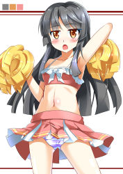 Rule 34 | 1girl, arm up, armpits, black hair, blush, breasts, brown eyes, cheerleader, collarbone, crop top, e.o., highres, houraisan kaguya, long hair, looking at viewer, midriff, miniskirt, navel, open mouth, panties, pantyshot, pom pom (cheerleading), skirt, small breasts, solo, standing, striped clothes, striped panties, touhou, underwear, upskirt, very long hair